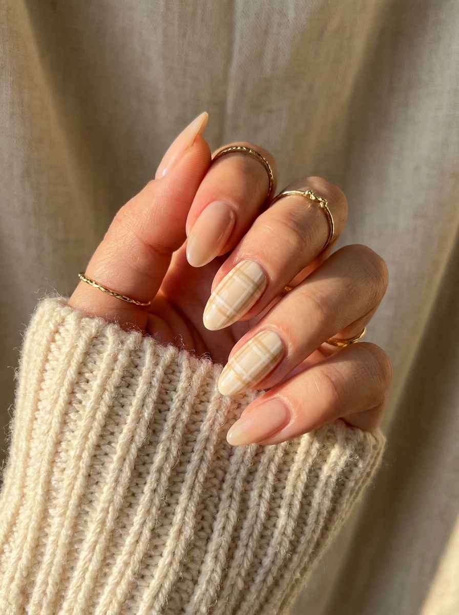 Soft Plaid Nude Almond Nails als Almond Fall Nails Inspiration 2026